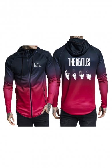 Men's Stylish THE BEATLES Letter Figure Ombre Print Long Sleeve Hooded Zip Up Sports Bomber Jacket