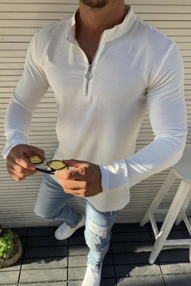 Men's Trendy Simple Plain Stand Collar Long Sleeve Zip Front Basic T-Shirt