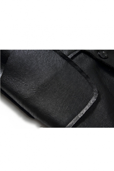 Men's Winter New Stylish Simple Plain Notched Lapel Collar Long Sleeve Black Leather Coat