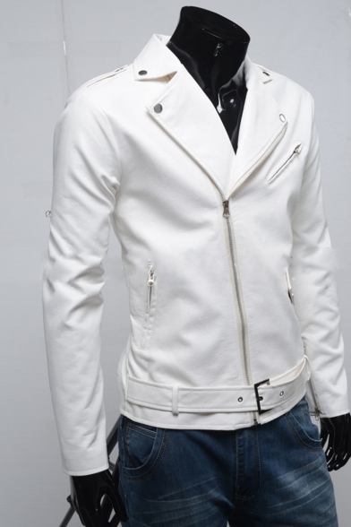 Mens Classic Slim-Fit Long Sleeve Lapel Collar Zipper Pockets PU Moto Jacket