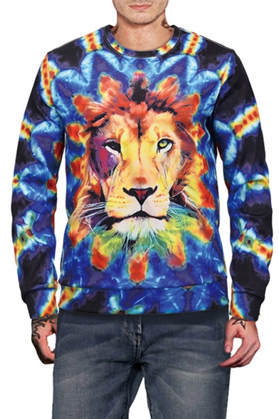 Mens New Fashion Tie Dyeing Lion 3D Printed Long Sleeve Round Neck Blue Pullover Sweatshirts