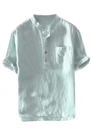 Mens New Stylish Solid Color Button V-Neck Short Sleeve Casual Linen Henley Shirt