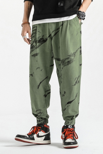 Mens New Stylish Unique Printed Loose Fit Drawstring Waist Cotton Tapered Pants