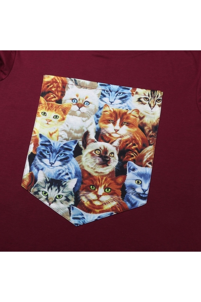 Mens Red Cat Printed Short Sleeve Round Neck Straight Leisure T Shirt