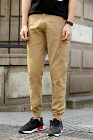 Mens Simple Letter Fashion Embroidered Outdoor Straight Slim Casual Cargo Pants with Side Pocket