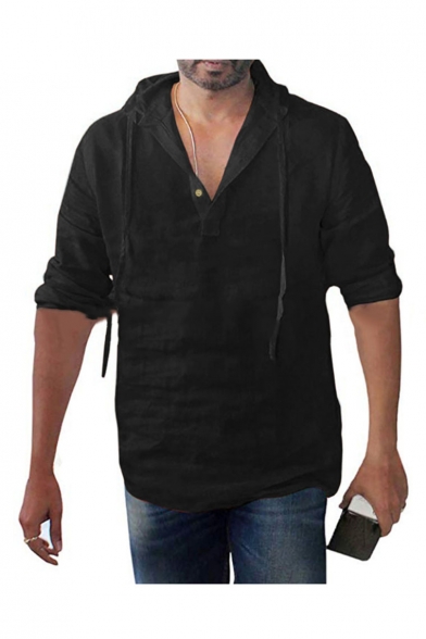 Mens Trendy Plain Long Sleeve Button Front Linen Cotton Casual Loose Hooded T Shirt