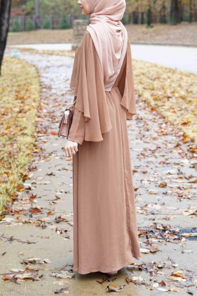 Muslim Round Neck Long Sleeve Plain A-Line Poncho Dress