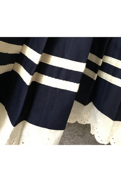 Navy Elastic Waist Striped Print Patch Lace Hem Mini Pleated Skirt