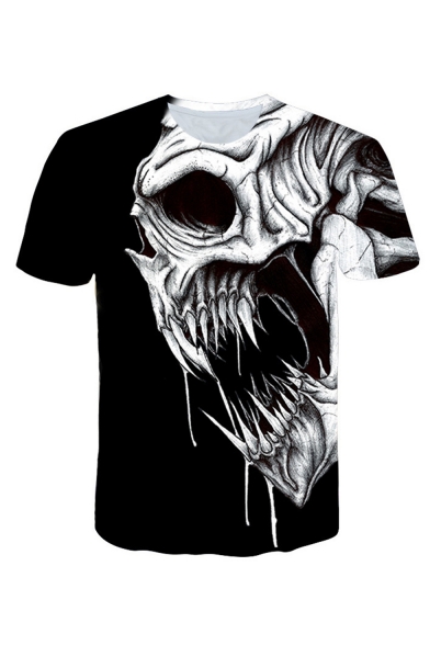 New Arrival Cool Skull Print Round Neck Short Sleeve Casual Loose Black T-Shirt