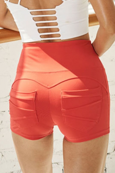 New Arrival Simple Plain High Waist Pocket Detail Shaped Stretch Peach Hip Sport Shorts