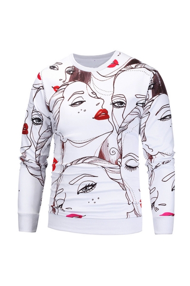 New Fashion Figure Red Lips Girl Printed White Long Sleeve Round Neck Pullover Sweatshirts
