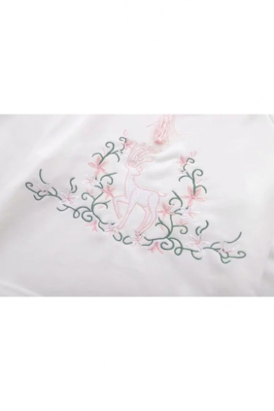 New Fashion Flower And Deer Embroidered Frog Button Front Long Sleeve Loose Drawstring Hoodie