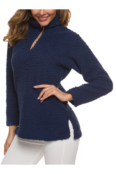 New Fashion Zippered Lapel Collar Split Hem Long Sleeves Color Block Fluffy Sweatshirt