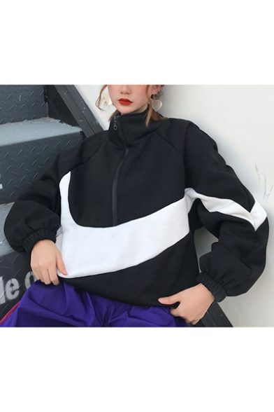 New Popular Half-Zip Stand Collar Long Sleeves Color Block Oversized Sweatshirt