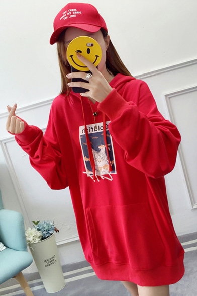 New Popular Letter Cat And Fish Printed Long Sleeve Loose Pullover Hoodie
