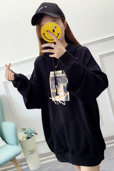 New Popular Letter Cat And Fish Printed Long Sleeve Loose Pullover Hoodie