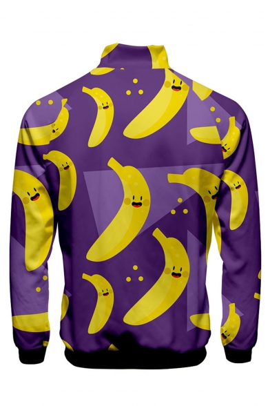 New Stylish 3D Banana Pattern Stand Collar Long Sleeve Zip Up Purple Baseball Jacket