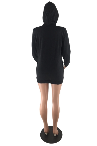 New Stylish Black Sexy Hollow Out Front Long Sleeve Drawstring Longline Hoodie