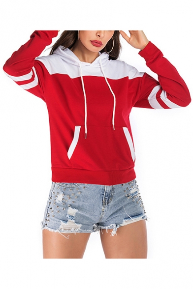 New Stylish Color Block Striped Print Long Sleeve Pocket Red Hoodie