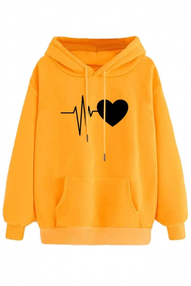 New Stylish Funny Cardiogram Love Heart Printed Long Sleeve Hoodie With Pocket