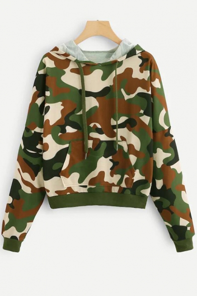 New Trendy Camouflage Print Long Sleeve Pullover Drawstring Hoodie With Pocket