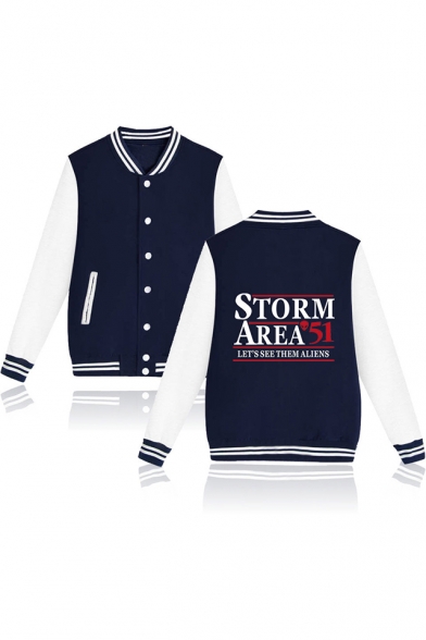 New Trendy Storm Area Letter Printed Rib Stand Collar Long Sleeve Button Down Baseball Jacket
