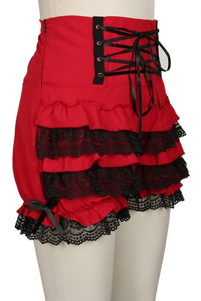 Plain High Waist Lace Up Front Layer Lace Hem Vintage Mini Skirt