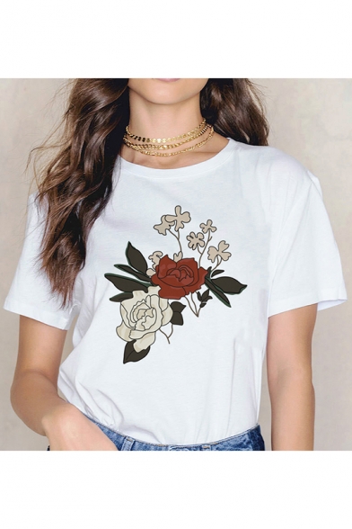 Popular Floral Printed Simple Short Sleeve White T-Shirt
