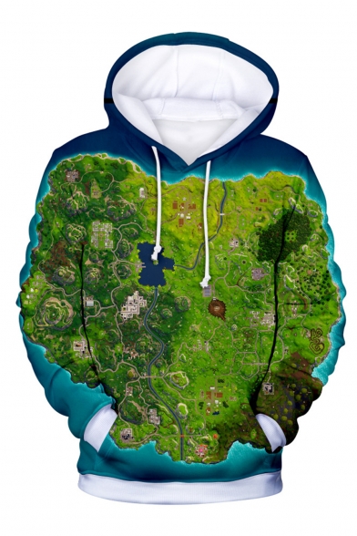 Popular Game Map 3D Printed Blue and Green Long Sleeve Casual Drawstring Hoodie