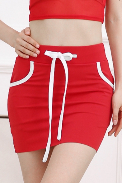 Red Chic Tie Waist Contrast Trim KISSGO Letter Printed Mini Bodycon Skirt