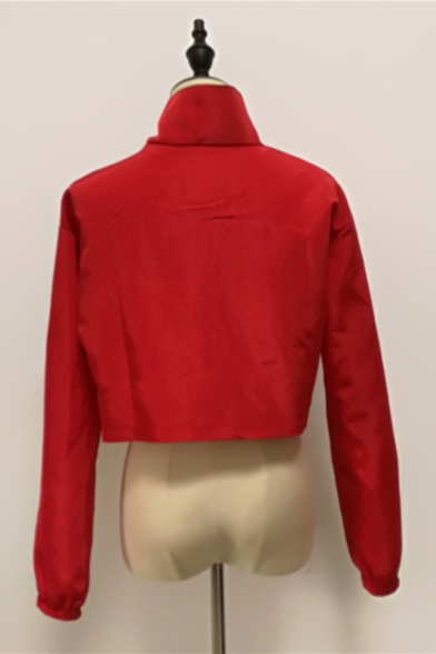 Rose Red Sexy Stand Up Collar Half Zip Elastic Cuffs Cropped Jacket Coat