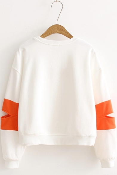 Simple 1987 Letter Embroidered Round Neck Cutout Long Sleeve Color Block Loose Pullover Sweatshirt
