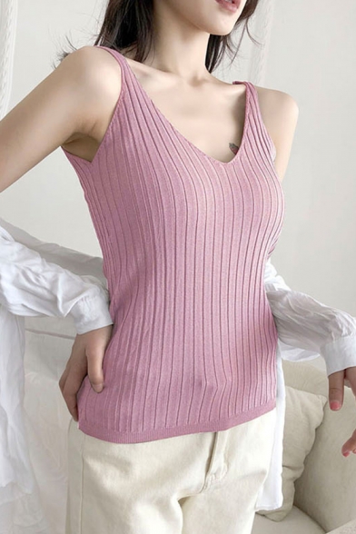 Simple Color Straps Sleeveless V Neck Knitted Fitted Tank T-Shirt