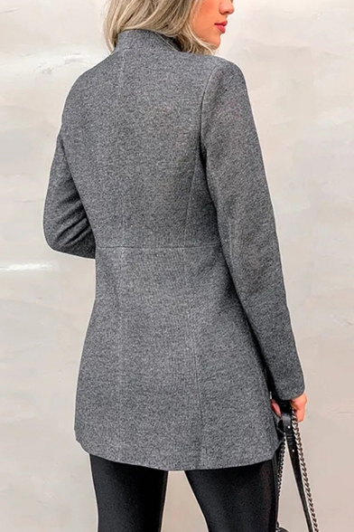 Simple Women's Plain Stand Up Collar Single Button Fitted Longline Wool Coat