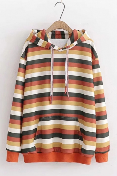 Students Fashion Orange Stripe Printed Long Sleeve Loose Leisure Hoodie