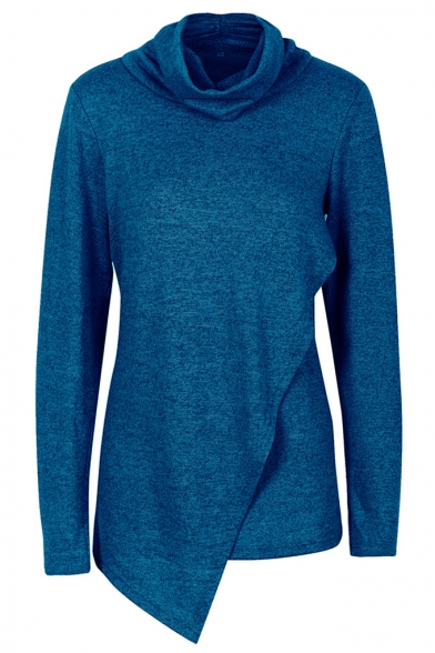 Stylish Irregular High Neck Long Sleeve Plain Casual Sweatshirt