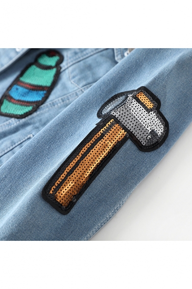 Stylish Lapel Collar Cartoons Paillette-Embellished Multi-Pocket Cropped Jean Jacket