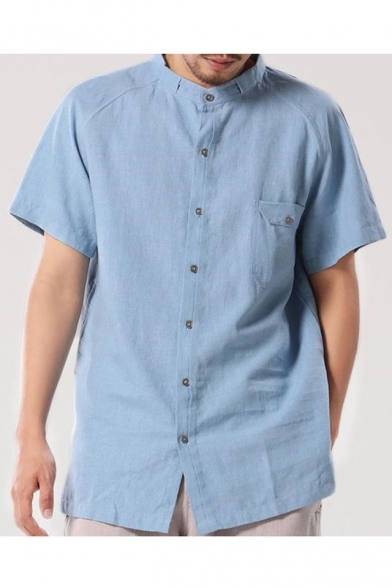 Summer Blue Short Sleeve Stand Collar Button Down Casual Loose Shirt