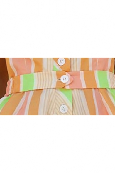 Summer Chic Orange Striped Print Straps Sleeveless Button Down Belt Waist Leisure Rompers