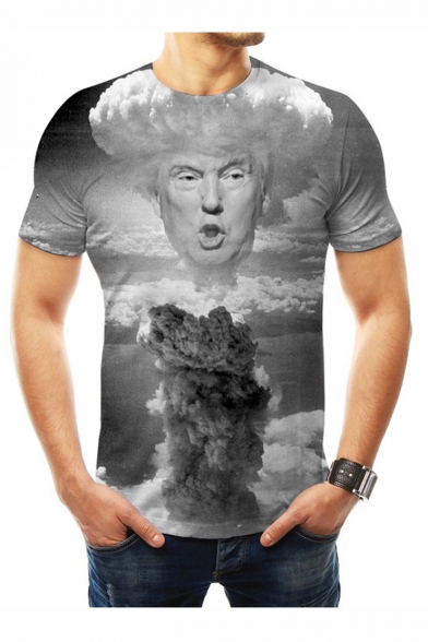 Summer Fashion Trump Explode Figure Print Round Neck Short Sleeve GreyT-Shirt