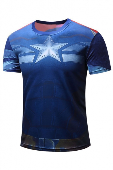 Summer Funny Star Comic Print Short Sleeve Round Neck Casual Blue T-Shirt