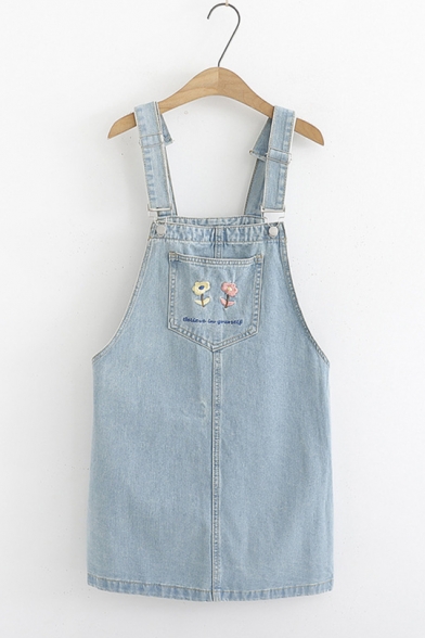 floral embroidered denim overall dress
