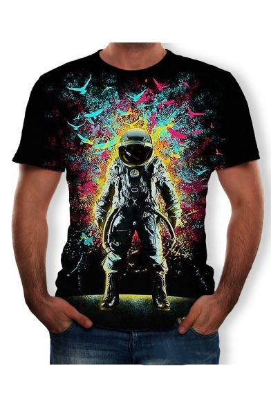 Summer Hot Stylish Black Short Sleeve Round Neck Astronaut Printed Mens T Shirt