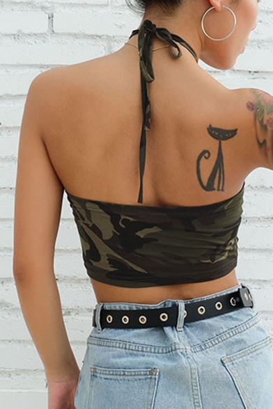 Summer Hot Stylish Camouflage Print Halter Neck Sleeveless Sexy Green Cropped Tee