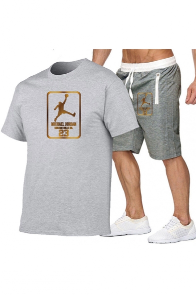 Summer Mens Cool Basketball Player Printed Short Sleeve Tee with Sport Shorts Two-Piece Set