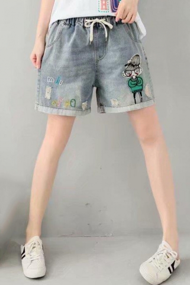 Summer New Arrival Drawstring Waist Rolled Hem Cartoon Girl Dog Embellished Oversize Denim Shorts