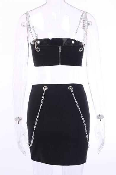 Summer Stylish Straps Sleeveless Cropped Top High Waist Mini Skirt Chain Embellished Knitted Co-ords
