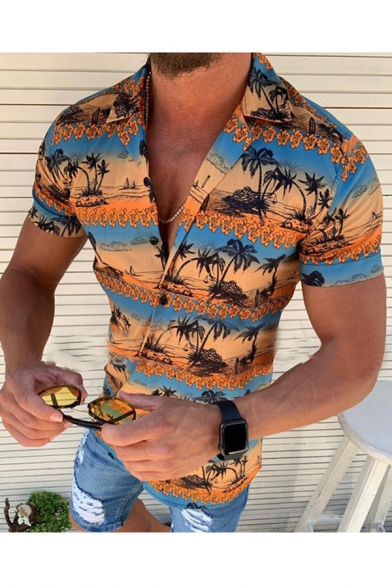 Summer Trendy Hawaiian Tribal Printed Short Sleeve Button Up Yellow Shirt for Men