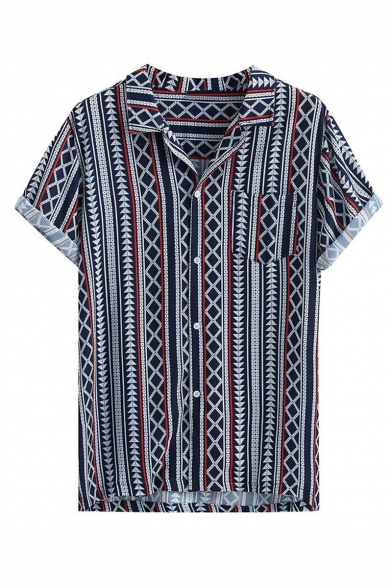 Summer Trendy Vintage Geometric Pattern Button Up Short Sleeve Loose Casual Shirt