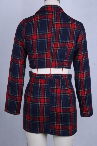 Trendy Red Plaid Print Collared Long Sleeve Crop Coat Top Tube Skirt Co-ords